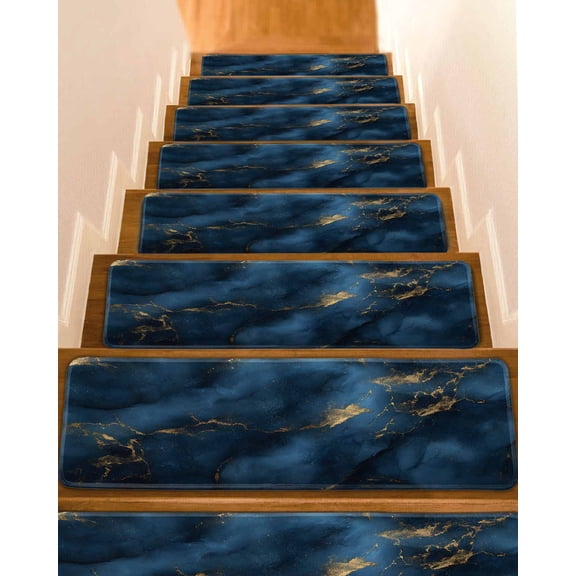 Navy Blue Stair Treads for Wooden Steps Indoor Runner Rug Carpet, Modern Abstract Marble Ink Painted Art 7 Pieces Peel and Stick Staircase Step Treads Covers Washable Throw Door Mats, 30"x8"