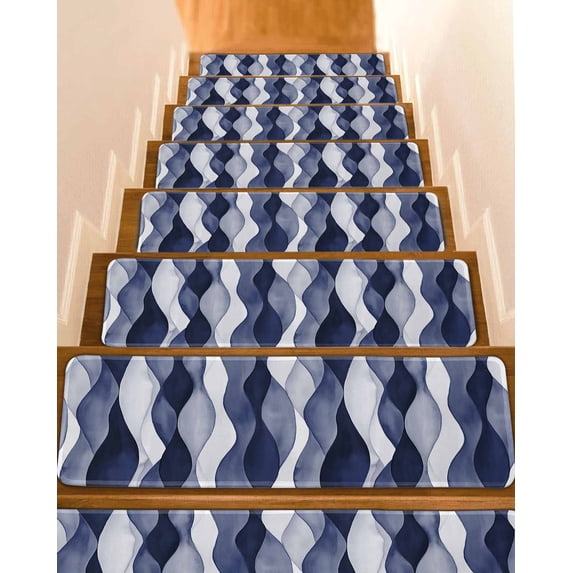 Navy Blue Stair Treads for Wooden Steps Indoor Runner Rug Carpet, Modern Moire Abstract Ripple Geometric 4 Pieces Peel and Stick Staircase Step Treads Covers Washable Throw Door Mats, 30"x8"