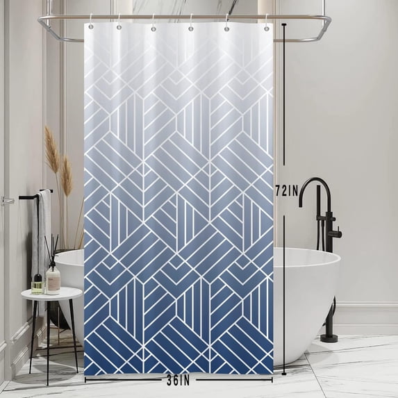 Navy Blue Stall Shower Curtain Set with Hooks Boho Ombre Shower Curtain 36x72inches Minimalism Geometric Lines Waterproof Fabric Shower Curtains for Bathroom