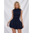 thumbnail image 1 of Navy Blue Stand Collar Sleeveless Ruched Mini Dress With Bubble Hem, 1 of 5