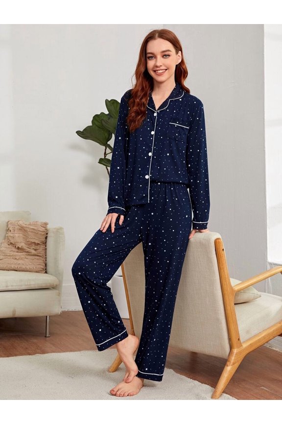 Navy Blue Star Print Pajama Set With Contrast Binding, Cozy Button-Front Sleepwear