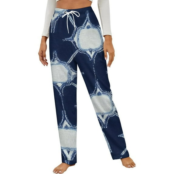 Navy Blue Starburst Pattern Winter Female Pants Flannel High Waist Women Pants Lady Warm Straight Leg Plush Trousers