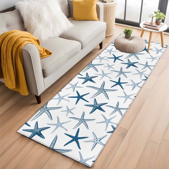 Navy Blue Starfish 2'x6' Runner Rugs for Hallway Kitchen Bedside Non Slip Washable, Coastal Summer Beach Ocean Watercolor Entryway Rug Runners with Rubber Backing, Long Carpet Runner for Laundry Room