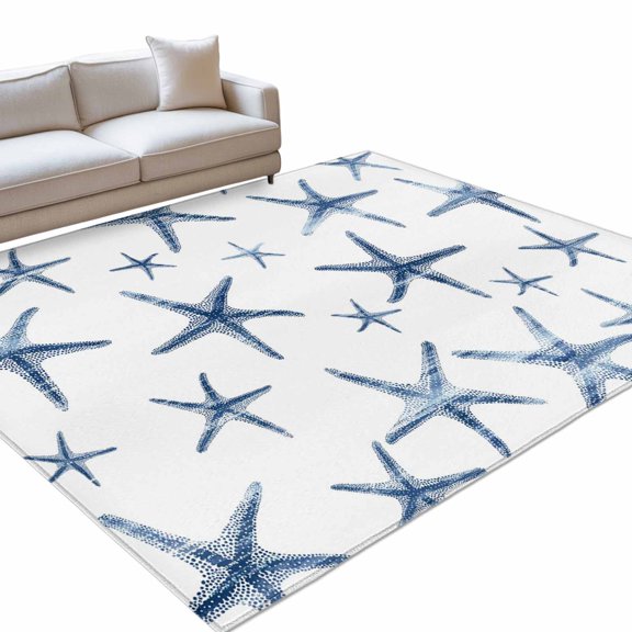 Navy Blue Starfish Area Rugs 6x9ft Summer Coastal Beach Nautical Ocean Floor Rug Non Slip Low Pile Ultra Soft Throw Carpet for Entryway Indoor Entrance Kitchen Bathroom