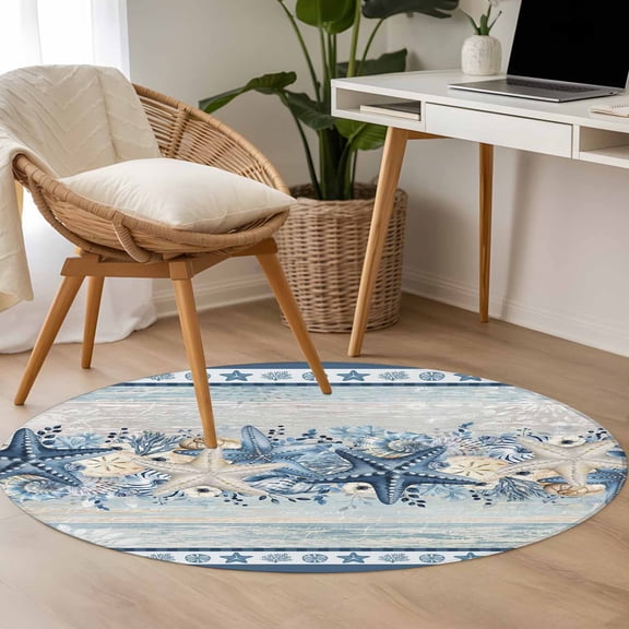 Navy Blue Starfish Coastal 3.3ft Round Rug for Bedroom Reading Corner, Beach Botanical Coral Nautical Washable Non Slip Circle Area Rug