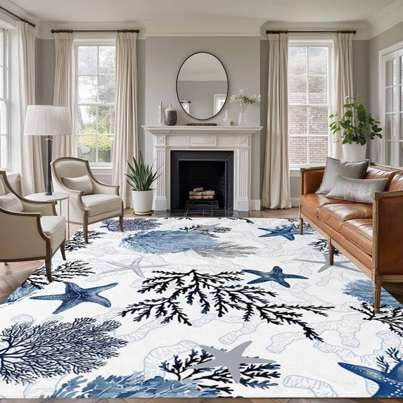Navy Blue Starfish Coastal Area Rugs 8'x10', Small Throw Rugs for Living Room Patio, Summer Beach Black Coral Nautical Indoor Outdoor Rug Non-Slip Low Pile Carpet Runner Reversible Floor Mats