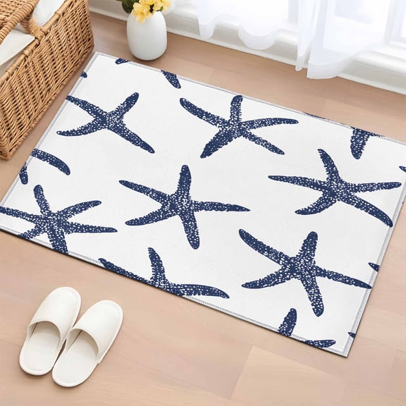 Navy Blue Starfish Coastal Bathroom Rug Washable 2x3 Entryway Rug Non Slip Nautical Summer Beach Ocean Front Door Mat Low Pile Indoor Doormat Throw Floor Carpet for Kitchen Bedroom Entrance
