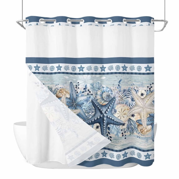 Navy Blue Starfish Coastal No Hook Shower Curtain with Snap in Liner Beach Botanical Coral Nautical Waterproof Bathroom Shower Curtain with See Through Top Window for Bathtub 72" x 78"