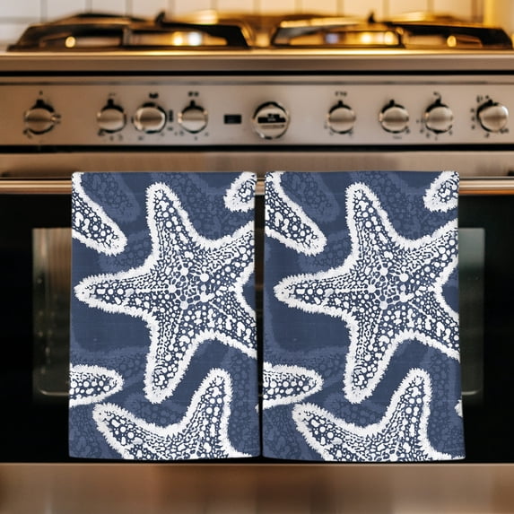 Navy Blue Starfish Coastal Kitchen Towels Set of 3, Nautical Summer Ocean Absorbent Dish Towels for Kitchen, Microfiber Hand Towel, Quick Drying Tea Towel for Cleaning Decorative Dishcloths