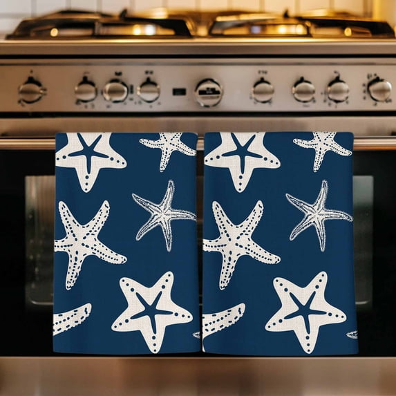 Navy Blue Starfish Coastal Kitchen Towels Set of 4, Nautical Summer Ocean Abstract Art Absorbent Dish Towels for Kitchen, Microfiber Hand Towel, Quick Drying Tea Towel for Cleaning Dishcloths