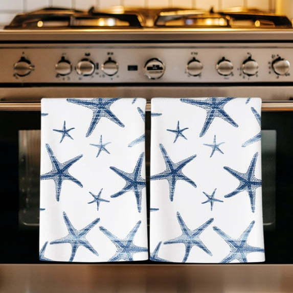 Navy Blue Starfish Coastal Kitchen Towels Set of 4, Summer Beach Nautical Ocean Absorbent Dish Towels for Kitchen, Microfiber Hand Towel, Quick Drying Tea Towel for Cleaning Decorative Dishcloths