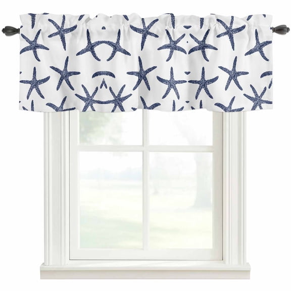 Navy Blue Starfish Coastal Kitchen Valances for Windows, Nautical Summer Beach Ocean Bathroom Window Valances 60x18 Inch Rod Pocket Window Treatments Valance Curtains for Living Room Bedroom Decor