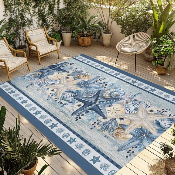 Navy Blue Starfish Coastal Outdoor Rug for Patio/Deck/Porch, Non-Slip Large Area Rug 4 x 6 Ft, Beach Coral Botanical Nautical Indoor Outdoor Rugs Washable Area Rugs, Camping Rug Carpet Runner