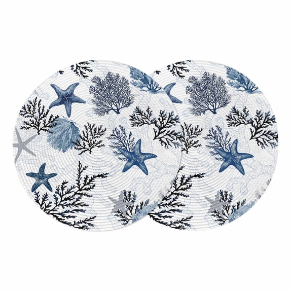 Navy Blue Starfish Coastal Round 13 Inch Placemats Set of 2, Summer Beach Black Coral Nautical HeatResistant Non Slip Place Mats for Dining Table, Wipeable Braided Kitchen Table Mats for Housewarming