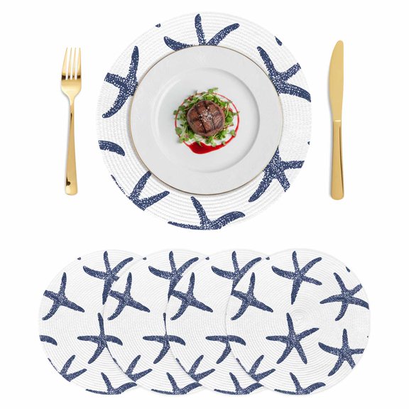 Navy Blue Starfish Coastal Round 13 Inch Placemats Set of 4, Nautical Summer Beach Ocean HeatResistant Non Slip Place Mats for Dining Table, Wipeable Braided Kitchen Table Mats for Housewarming