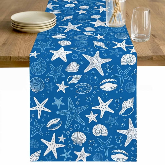 Navy Blue Starfish Coastal Table Runner - 36 Inch Long Nautical Ocean Summer Sea Shell Cotton and Linen Blended Dress Scarves Farmhouse Table Runner for Kitchen Dining, Coffee Table, 13" x 36"