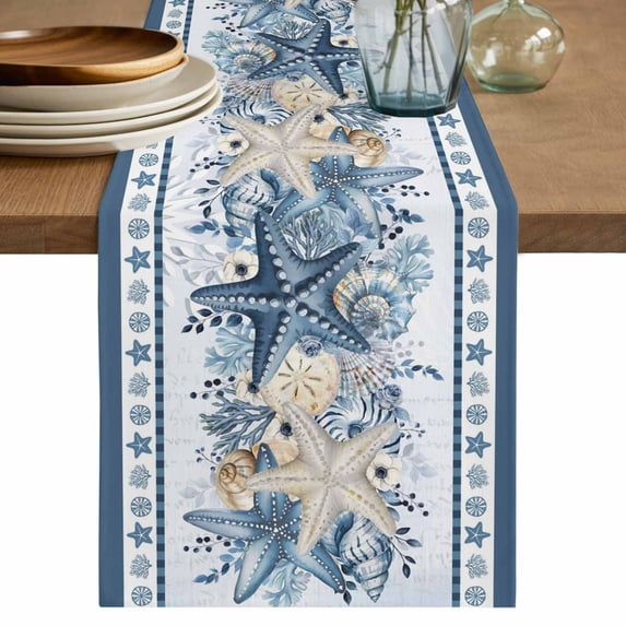 Navy Blue Starfish Coastal Table Runner, Ocean Beach Coral Nautical Washable Cotton Linen Table Runners 120 Inches Long, Dresser Scarf Runner for Dining/Living Room/Kitchen/Square Tables 13''x120''