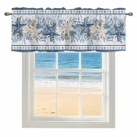 Navy Blue Starfish Coastal Window Valance for Kitchen, Ocean Beach Coral Nautical Rod Pocket Short Curtain for Small Windows, Light Filtering Decorative Valance, 56 x 16 Inch