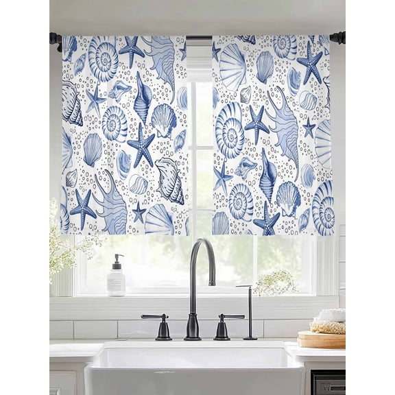 Navy Blue Starfish Conch Shell Seamless Chiffon Sheer Curtains 45 Inches Long, Summer Ocean Bubbles 2 Rod Pocket Window Treatment Voile Drapes Curtains for Living Room Bedroom,2 Panels, 52x45In