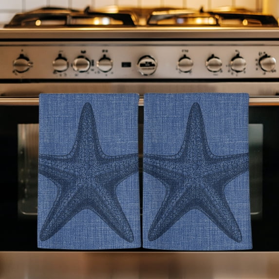 Navy Blue Starfish Kitchen Towels Set of 1, Coastal Summer Beach Ocean Buralp Absorbent Dish Towels for Kitchen, Microfiber Hand Towel, Quick Drying Tea Towel for Cleaning Decorative Dishcloths