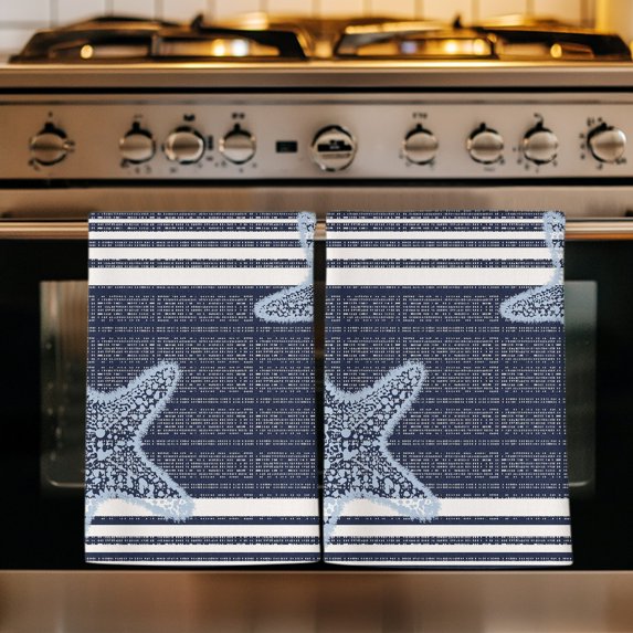 Navy Blue Starfish Kitchen Towels Set of 1, Coastal Summer Beach Ocean Striped Absorbent Dish Towels for Kitchen, Microfiber Hand Towel, Quick Drying Tea Towel for Cleaning Decorative Dishcloths