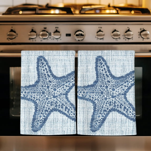 Navy Blue Starfish Kitchen Towels Set of 4, Vintage Gray Farmhouse Coastal Summer Absorbent Dish Towels for Kitchen, Microfiber Hand Towel, Quick Drying Tea Towel for Cleaning Decorative Dishcloths