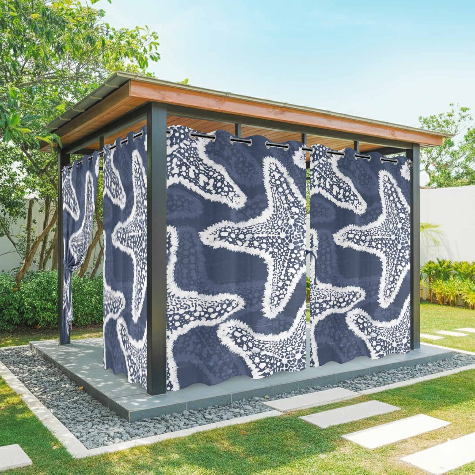 Navy Blue Starfish Outdoor Curtains for Patio, Coastal Summer Ocean Beach Nautical Modern Sunshade Privacy Drapes Grommet Waterproof Outside Curtains for Porch/Cabana/Balcony 54"x 108", 1 Panel