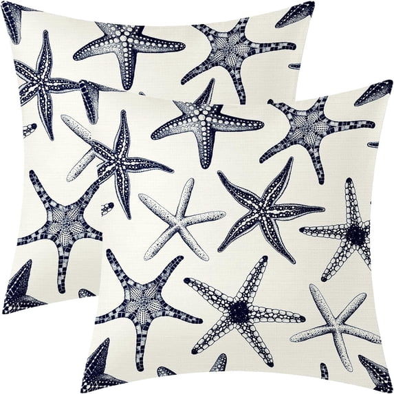 Navy Blue Starfish Pillow Covers 18X18 Inch Set of 2 Beach Ocean Coastal Decorative Square Pillow Cases Summer Nautical Cotton Linen Cushion Case Home Decor for Sofa Couch Bedroom Outdoor