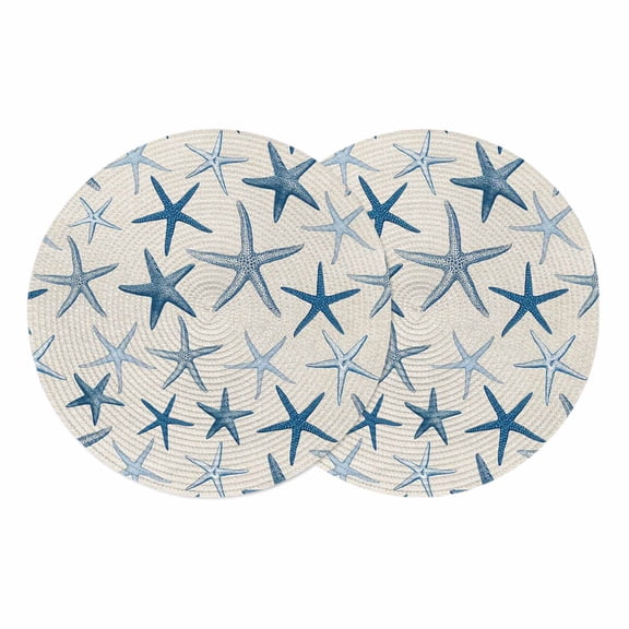 Navy Blue Starfish Round 13 Inch Placemats Set of 2, Coastal Summer Beach Ocean Rustic HeatResistant Non Slip Place Mats for Dining Table, Wipeable Braided Kitchen Table Mats for Housewarming