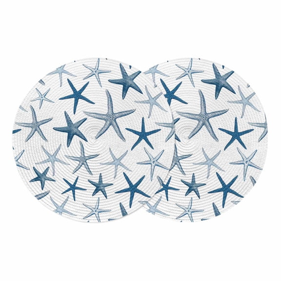 Navy Blue Starfish Round 13 Inch Placemats Set of 2, Coastal Summer Beach Ocean Watercolor HeatResistant Non Slip Place Mats for Dining Table, Wipeable Braided Kitchen Table Mats for Housewarming