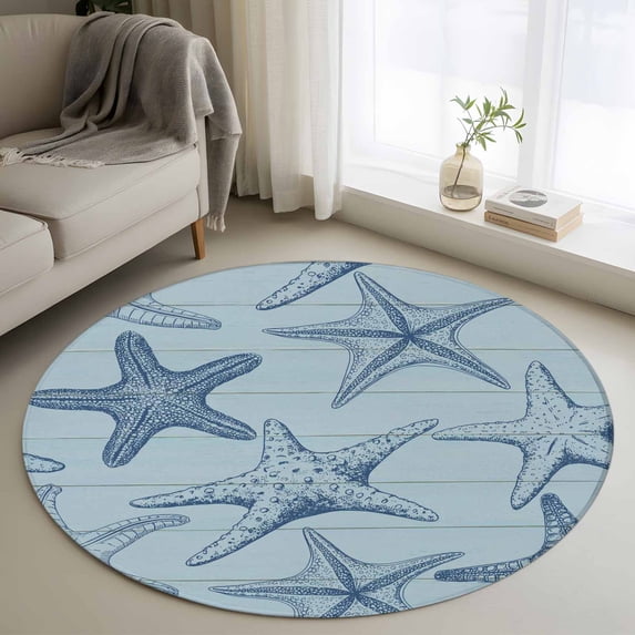 Navy Blue Starfish Round Area Rug 4ft, Coastal Ocean Summer Sea Nautical Washable Non-Slip Circle Rugs for Bedroom Living Room Kitchen, Soft Non Shedding Circle Carpet for Dining Room Dorm