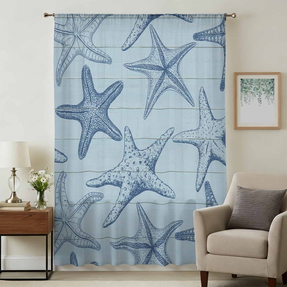 Navy Blue Starfish Sheer Curtains 54 Inches Long, Coastal Ocean Summer Sea Nautical Light Filering Curtains, Breathable Simi Curtain Privacy Drapes for Kitchen Bathroom Small Window Treatment