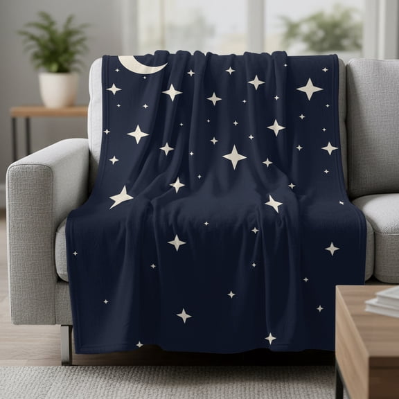 Navy Blue Starry Night Fleece Throw Blanket Stars Moon Blue Simple Style Ultra Soft Fuzzy Cozy Flannel Throw Blanket for Couch Sofa Bed Car Travel, Ideal Gifts 30x40 Inches
