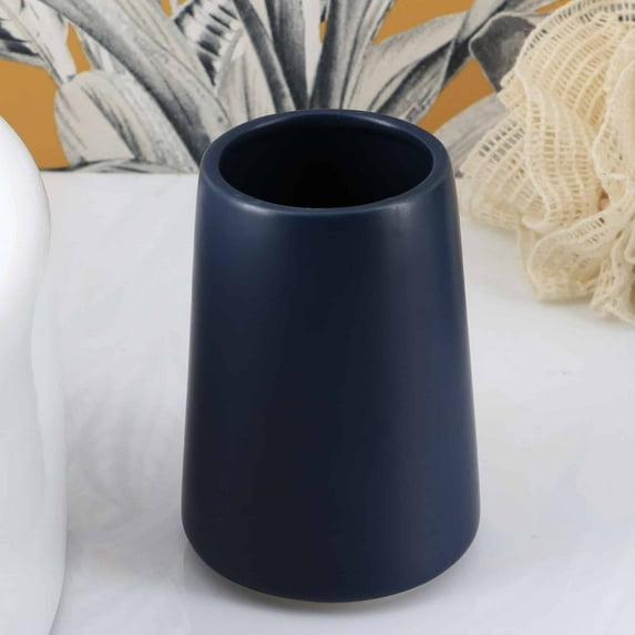 Navy Blue Stoneware Tumbler & Toothbrush Holder - 14 FL Oz. - Flared Shape - 3.8"W x 5"H - Elevate Your Bathroom Decor with Navy Blue Elegance