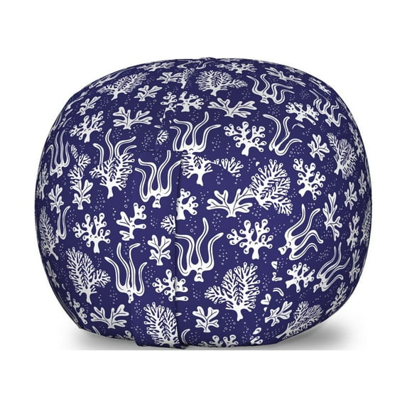 Navy Blue Storage Toy Bag Chair, Composition of Underwater Plantation Sea Life Elements Corals and Algae, Stuffed Animal Organizer Washable Bag, Large Size, Indigo and White, by Ambesonne