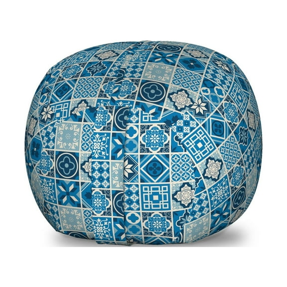 Navy Blue Storage Toy Bag Chair, Grid Style Squares with Ornamental Floral and Geometric Arrangement Abstract, Stuffed Animal Organizer Washable Bag, Small Size, Multicolor, by Ambesonne