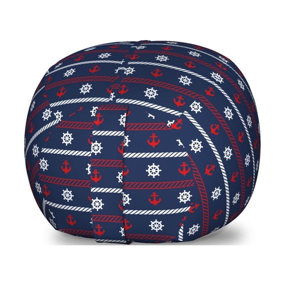 Navy Blue Storage Toy Bag Chair, Horizontal Borders with Nautical Elements Marine Anchor and Helm, Stuffed Animal Organizer Washable Bag, Small Size, Red White Dark Blue, by Ambesonne