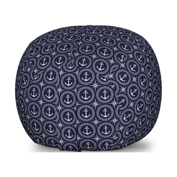 Navy Blue Storage Toy Bag Chair, Windrose Anchor Circular Nautical Composition Marine Illustration, Stuffed Animal Organizer Washable Bag, Large Size, Dark Blue White, by Ambesonne