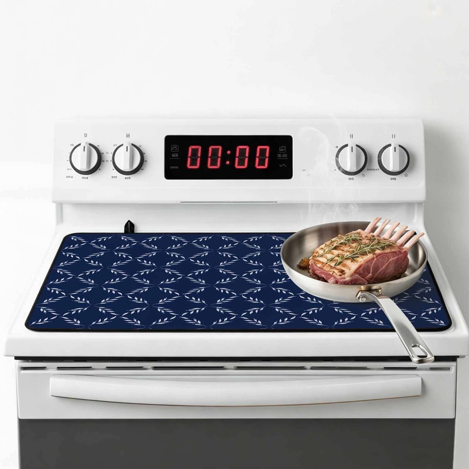 Navy Blue Stove Top Cover for Electric Stove, Heat-proof & Non Slip Glass Top Stove Cover Protector, Geometric Leaf Diamond Plaid Abstract Check Kitchen Flat Cooktop Rubber Mat 28.5x20.5 Inches