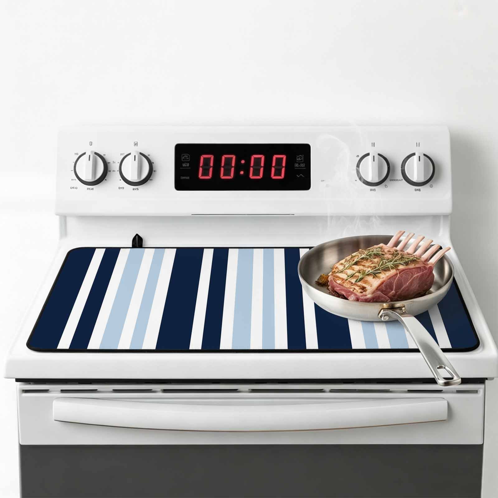 Navy Blue Stove Top Cover for Electric Stove, Heat-proof & Non Slip Glass Top Stove Cover Protector, Modern White Geometric Vertical Stripes Kitchen Flat Cooktop Rubber Mat 24x21 Inches