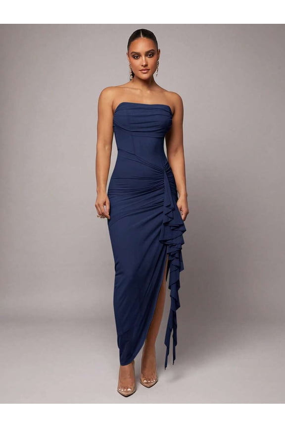 Navy Blue Strapless Ruched Maxi Dress With Asymmetrical Ruffle Side Slit Elegant Evening Gown