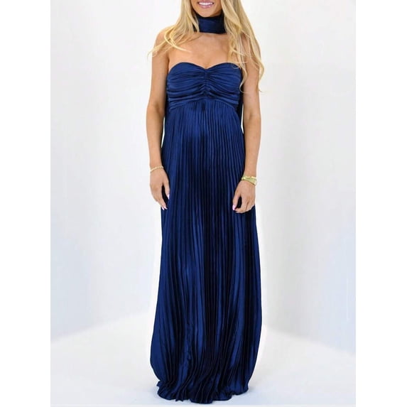 Navy Blue Strapless Ruched Pleated Maxi Dress With Neck Scarf For Women