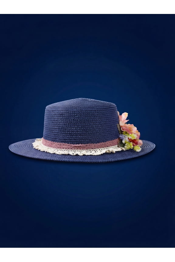 Navy Blue Straw Boater Hat, Women's Floral Wide Brim Sun Hat, Bohemian Beach Wedding Hat, Garden Party Accessory, Summer Vacation Hat