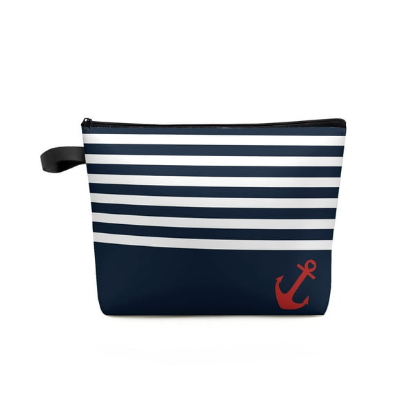 Navy Blue Stripe Anchor Simple Large Capacity Travel Cosmetic Bag Portable Makeup Storage Pouch Women Waterproof Pencil Case