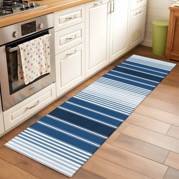 Navy Blue Stripe Area Rugs 2x6 for Kitchen Runner Rug, Modern Blue Ombre Vertical Striped Non Slip Washable Rug Runner, Low Pile Indoor Floor Carpet Mat Bathroom Rugs for Bedroom, Kids Room