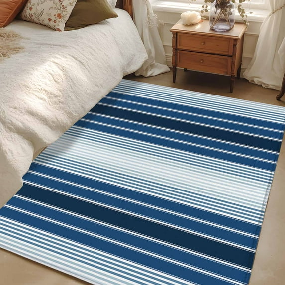 Navy Blue Stripe Area Rugs 3x5 for Living Room, Modern Blue Ombre Vertical Striped Non Slip Washable Rug Runner, Low Pile Indoor Floor Carpet Mat Bathroom Rugs for Bedroom, Kids Room