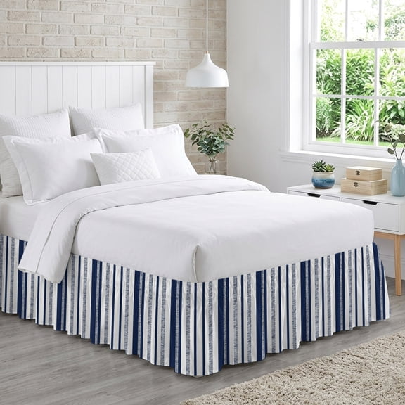 Navy Blue Stripe Bed Skirt King Size 16 Inch Drop, Modern Minimalist Geometric Vertical Bands Adjustable Elastic Dust Ruffles Bedskirt for King Bed Wrap Around Pleated Mattress Frame Cover