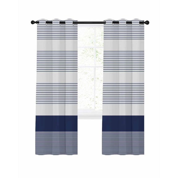 Navy Blue Stripe Blackout Curtains, Light Blocking Print Window Curtains, Modern Rustic Horizontal Blue Striped Thermal Insulated Window Drapes for Living Room Kitchen Cafe 2 Panels, 104"W x 96"L