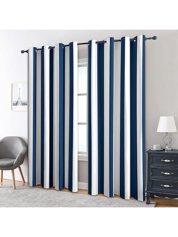 Navy Blue Stripe Curtains for Living Room, Nautical Modern Pattern Design Blackout Curtains, Navy Blue Stripe Bedroom Decor Window Drapes with Grommet-38"W x 45"L (Pack of 2)