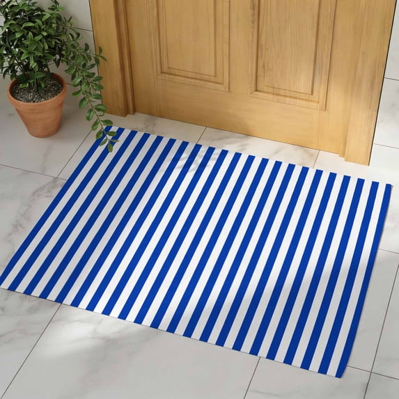Navy Blue Stripe Door Mat, Non Slip Bathroom Rugs, Modern White Vertical Striped Geometric Absorbent Floor Mats, Washable Runner Rug Indoor Doormat for Front Door Entrance, Patio, Garage 16"x24"